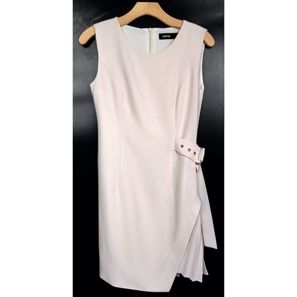 HAVVA Military Tailored Asymmetric Pleated Sheath Dress Cream Gold Minimal Small